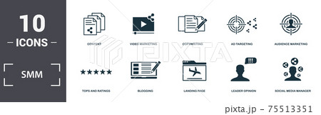 Smm icons set collection. Includes simple elements such as Like, Tops And Ratings, Blogging, Landing Page, Leader Opinion, and Cloud Hosting premium icons Smm icons set collection. Includes simple elements such as Like, Tops And Ratings, Blogging, Landing Page, Leader Opinion, and Cloud Hosting premium icons 75513351