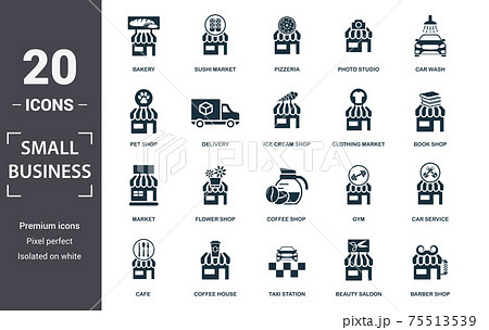 Small Business icon set. Contain filled flat market, taxi station, car wash, ice cream shop, bakery, book shop, barber shop icons. Editable format 75513539