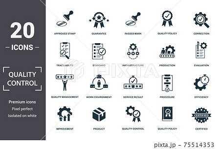 Quality Control icon set. Contain filled flat correction, efficiency, infrastructure, quality policy, traceability, production, guarantee icons. Editable format 75514353