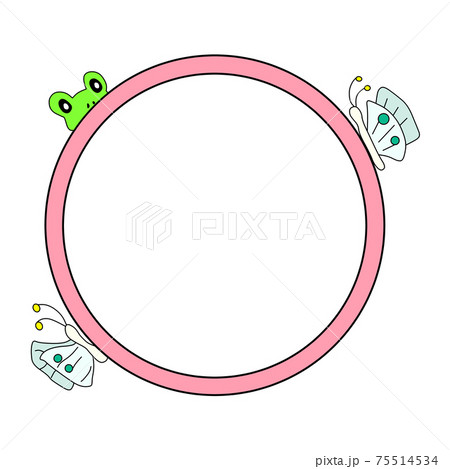 蛙と2匹の蝶とピンク色の丸いフレーム 75514534
