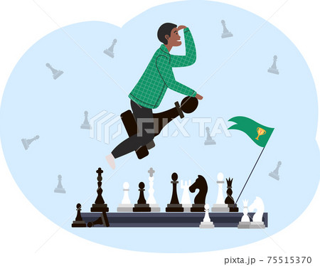 Chess player happy man sitting astride chess piece flies up to meet achievements, future goals 75515370