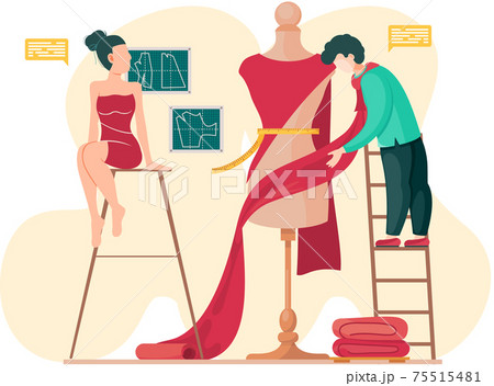 Tailor puts fabric on model. Girl is sitting on stool and looking at mannequin with dress 75515481