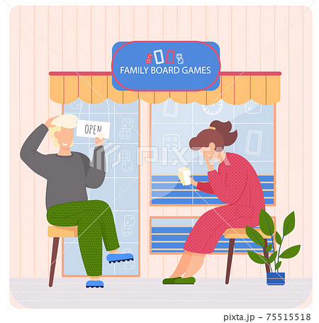 Family board games shop, awning with entertaining gaming, people sitting near store playing cards Family board games shop, awning with entertaining gaming, people sitting near store playing cards 75515518