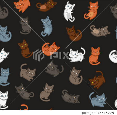 Cute Cartoon Cat Seamless Pattern On Dark のイラスト素材