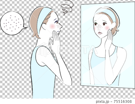 毛穴が気になる　鏡を見る女性 75516308