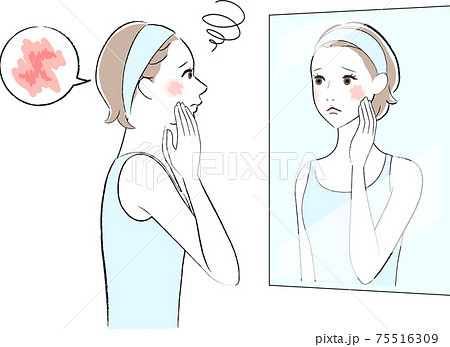 乾燥肌　鏡を見る女性 75516309