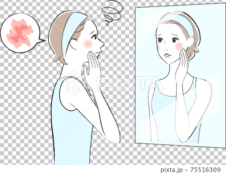 乾燥肌　鏡を見る女性 75516309