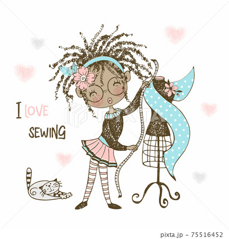 A good black girl with dreadlocks dressmaker will try on the fabric on a mannequin. Vector 75516452