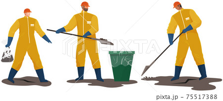 People in protective suits collecting oil and waste. Volunteer people are cleaning dirty area People in protective suits collecting oil and waste. Volunteer people are cleaning dirty area 75517388