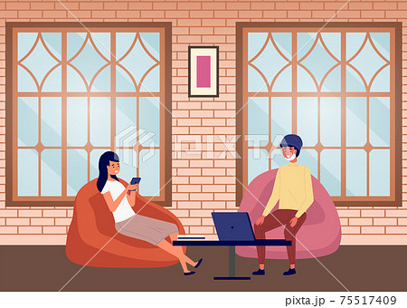 A woman and a man in protective face mask are sitting on chairs and communicating in the room 75517409