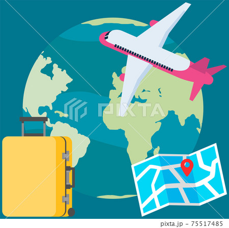 Travel airplane, plane flying around globe. Tourist map with mark and suitcase for journey Travel airplane, plane flying around globe. Tourist map with mark and suitcase for journey 75517485