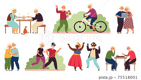 Active old people. Senior group activity, diverse elderly couple party. Fun retirement, cartoon dancing grandparents decent vector characters Active old people. Senior group activity, diverse elderly couple party. Fun retirement, cartoon dancing grandparents decent vector characters 75518001