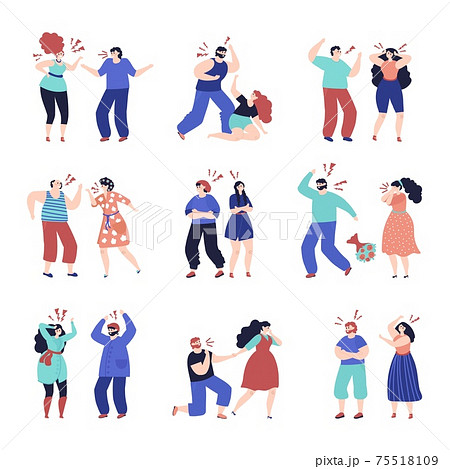 Family conflict. Disrespect people, quarrel brawl in couple. Angry woman man, domestic violence abuse or criticism in pair decent vector set 75518109