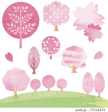 春 さくら 桜 木 花 緑 水彩 イラスト素材 セットのイラスト素材