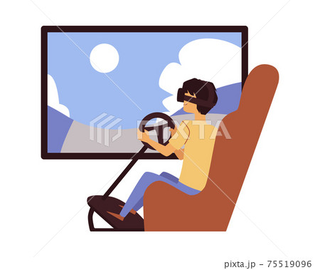 VR race game on TV screen and cartoon man in virtual reality glasses VR race game on TV screen and cartoon man in virtual reality glasses 75519096