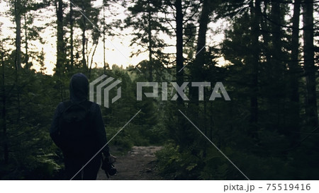 Traveler photographing scenic view in forest. One caucasian woman shooting nice magic look. Girl take photo video on dslr mirrorless camera. 75519416