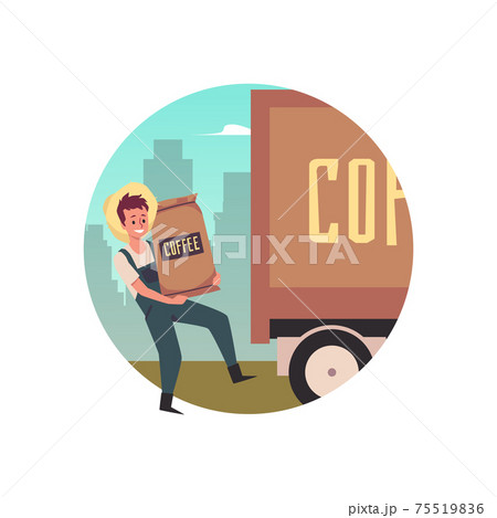 Vector flat illustration of man farmer loading sacks with coffee beans in truck. 75519836