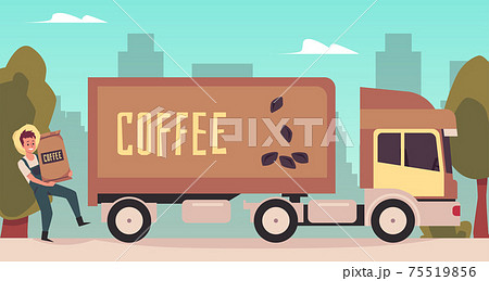 Man farmer loading canvas sacks with coffee beans in truck a vector illustration 75519856