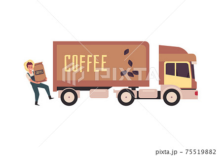 Farmer loading bags with coffee into van flat vector illustration isolated. Farmer loading bags with coffee into van flat vector illustration isolated. 75519882