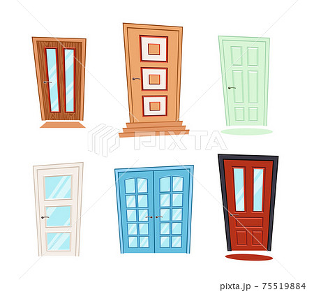 Set of different doors in cartoon style. Doors with or without glass. 75519884