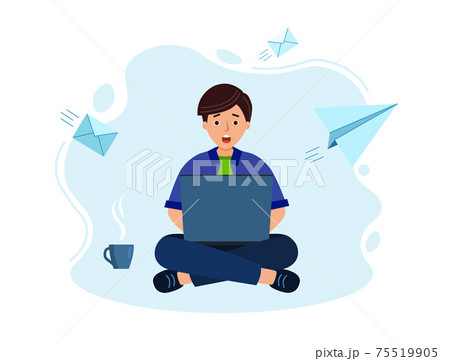 Man work on laptop in office. Studying distantly from home in coronavirus. 75519905