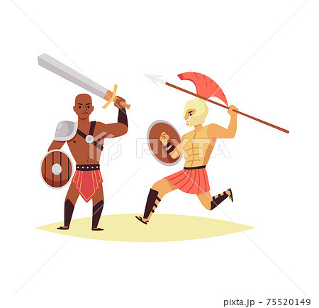 Fighting of gladiators or legionary of roman empire a flat vector illustration Fighting of gladiators or legionary of roman empire a flat vector illustration 75520149