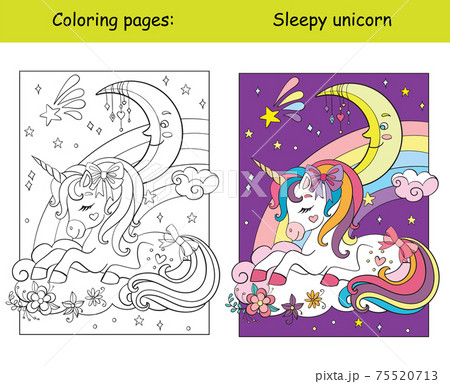 Cute sleepy unicorn lying on cloud coloring vector and template Cute sleepy unicorn lying on cloud coloring vector and template 75520713