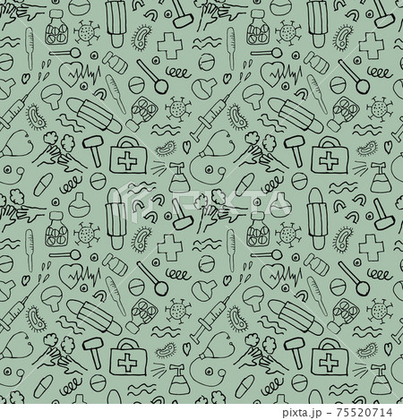 Seamless doodle with pandemic medical supplies on a green background. 75520714