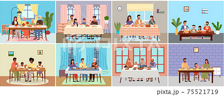 Set of illustrations on the theme of people have dinner in traditional styles of countries worldwide 75521719