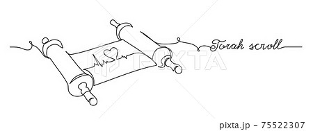 Torah scroll and heart. One continuous line drawing illustration of jewish Torah scroll 75522307
