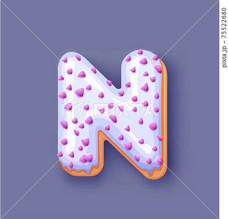 Donut icing white upper latters - N Font of donuts. Bakery sweet alphabet. Donut alphabet latter C isolated on dark blue background, vector illustration 75522680