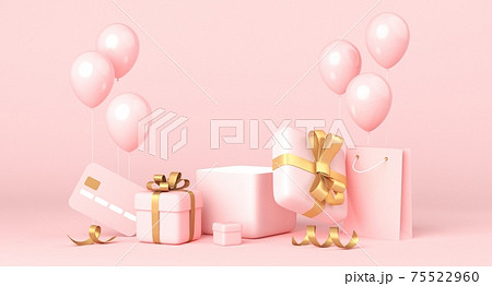 Pink background, golden gift boxes and balloons, blank space. 3d rendering 75522960