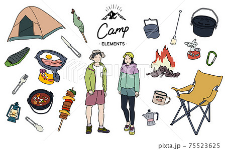 キャンプスタイルの男女とキャンプグッズのセット キャンプスタイルの男女とキャンプグッズのセット 75523625