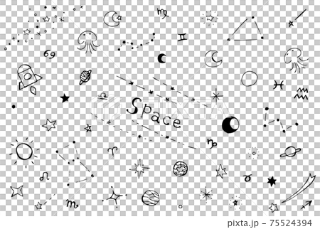 シンプルでかわいいモノクロの手描き宇宙素材セット 75524394