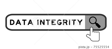 Search banner in word data integrity with hand over magnifier icon on white background 75525554