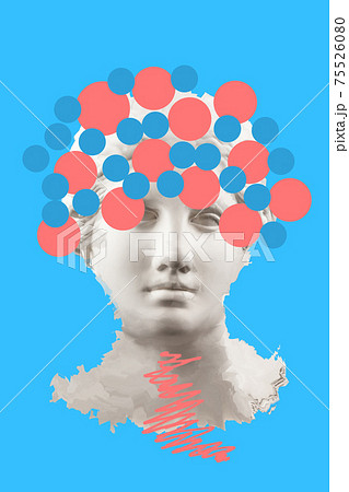 Collage with sculpture of human face in a pop art style. Modern creative concept image with ancient statue head. Zine culture. Contemporary art poster. Funky punk minimalism. Retro surreal design. Collage with sculpture of human face in a pop art style. Modern creative concept image with ancient statue head. Zine culture. Contemporary art poster. Funky punk minimalism. Retro surreal design. 75526080