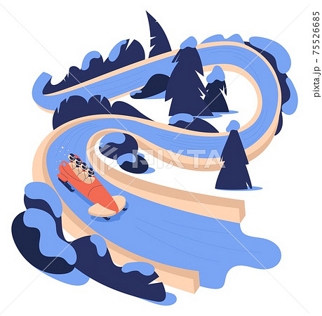 Bobsled or bobsleigh track with people riding sled in winter landscape. Ice and snow, trees and bushes, winding road 75526685