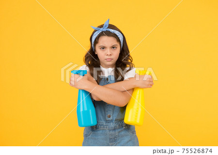 Household as battle. Girl cute kid cleaning around. Protect 75526874