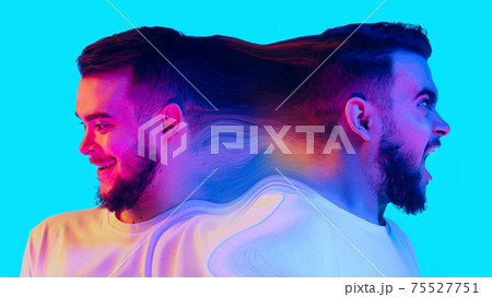 Mental health concept in creative way. Man with different emotions connected by colorful wave. 75527751