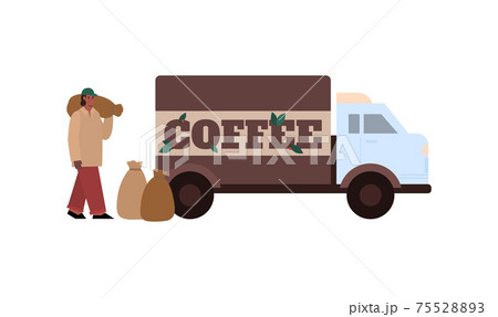 Worker loads bags with coffee into truck, cartoon vector illustration isolated. Worker loads bags with coffee into truck, cartoon vector illustration isolated. 75528893