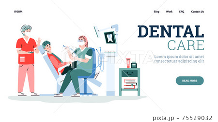 Dental care clinic website with patient and dentist cartoon vector illustration. Dental care clinic website with patient and dentist cartoon vector illustration. 75529032