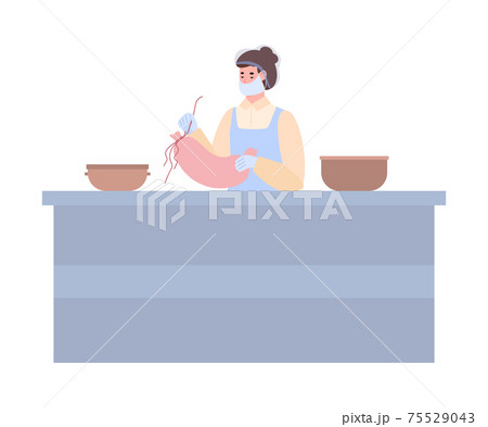 Worker of meat processing factory is cooking sausages a vector illustration Worker of meat processing factory is cooking sausages a vector illustration 75529043