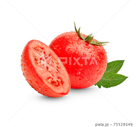 Fresh red tomatoes with leaves isolated on white background Fresh red tomatoes with leaves isolated on white background 75529349