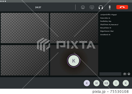Screen template of video conference for four persons, modern software for virtual meetings, remote work or lections on transparent 75530108