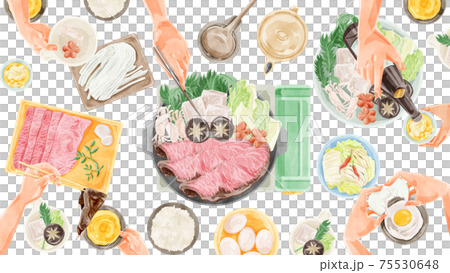 すき焼きパーティー食事風景水彩風イラスト 75530648