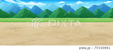 土の道と草と山の風景イラスト 横スクロールゲームの背景 シームレスのイラスト素材