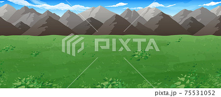 荒地の草原と山の風景イラスト 横スクロールゲームの背景 シームレスのイラスト素材