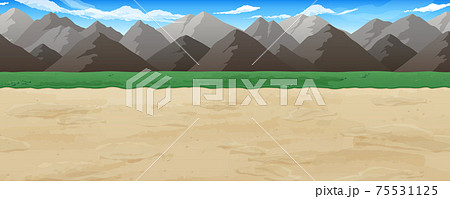 荒地の土の道と岩山の風景イラスト 横スクロールゲームの背景 シームレスのイラスト素材