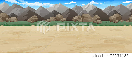 荒地の土の道と岩山の風景イラスト 横スクロールゲームの背景 シームレスのイラスト素材