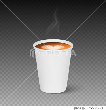 Vector 3d Realistic Paper White Disposable Cup Isolated with Hot Milk Coffee Foam. Steam, Smoke. Latte, Capuccino. Stock Vector Illustration. Design Template. Front View 75531221